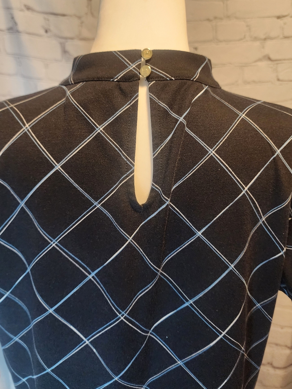 Black Plaid Short-Sleeve A-Line Dress with Keyhole Neck - Picture 7 of 7